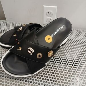 Karl Lagerfeld Black Slide Sandals with Gold Accents